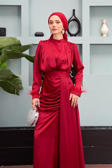 Kobe Satin Evening Dress with Waist Tie - Claret Red