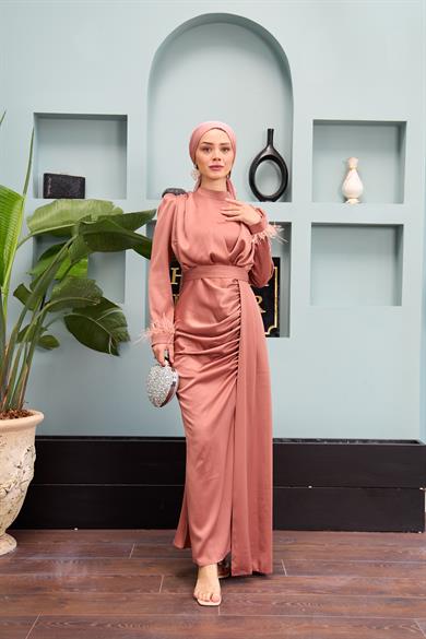 Kobe Satin Evening Dress with Waist Tie - Rose