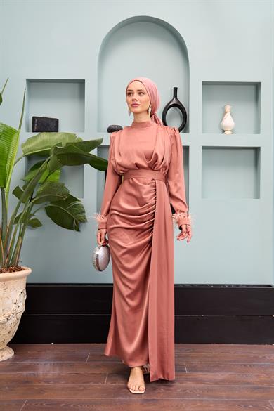 Kobe Satin Evening Dress with Waist Tie - Rose