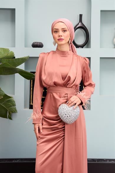 Kobe Satin Evening Dress with Waist Tie - Rose