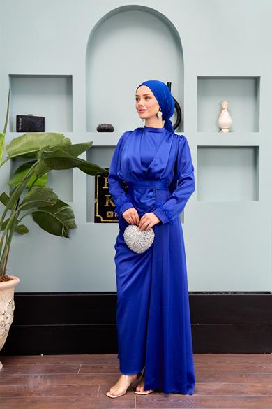 Kobe Satin Evening Dress with Waist Tie - Saks Blue