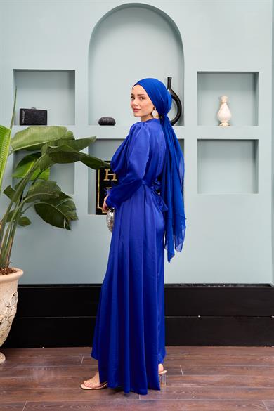 Kobe Satin Evening Dress with Waist Tie - Saks Blue