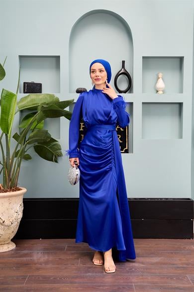 Kobe Satin Evening Dress with Waist Tie - Saks Blue