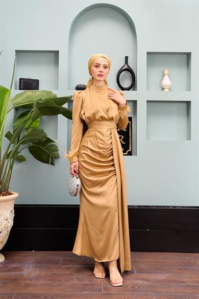 Kobe Satin Evening Dress with Waist Tie - Mink