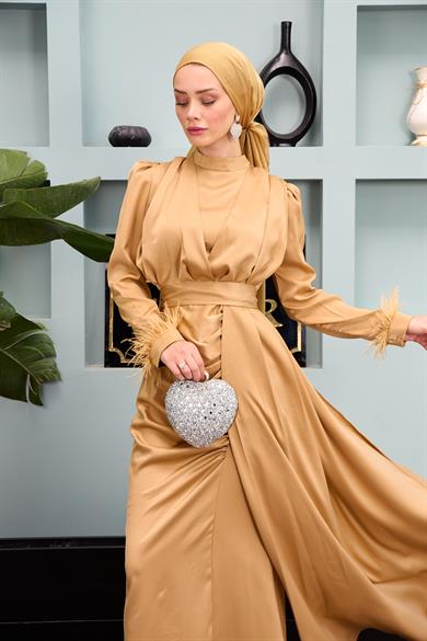 Kobe Satin Evening Dress with Waist Tie - Mink