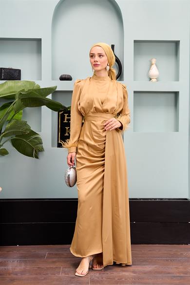 Kobe Satin Evening Dress with Waist Tie - Mink