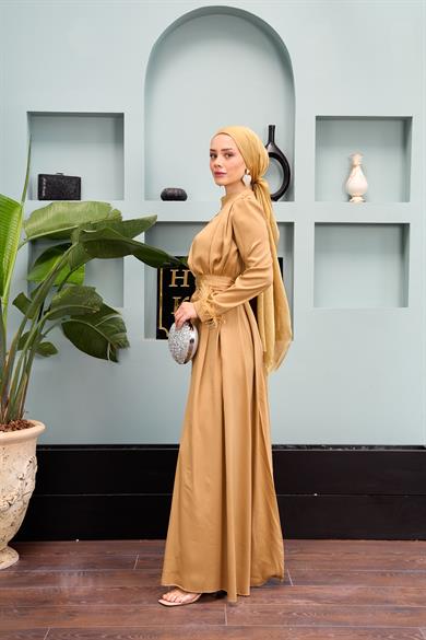 Kobe Satin Evening Dress with Waist Tie - Mink