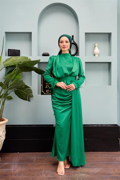 Kobe Satin Evening Dress with Waist Tie - Green