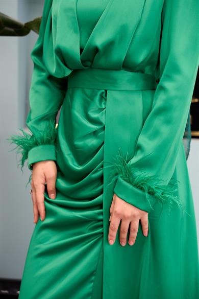 Kobe Satin Evening Dress with Waist Tie - Green