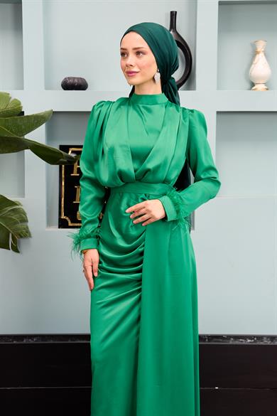 Kobe Satin Evening Dress with Waist Tie - Green