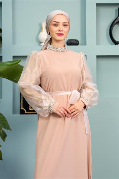 Waist Tie Stone Detailed Evening Dress - Beige