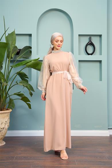 Waist Tie Stone Detailed Evening Dress - Beige