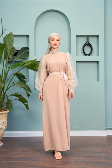 Waist Tie Stone Detailed Evening Dress - Beige