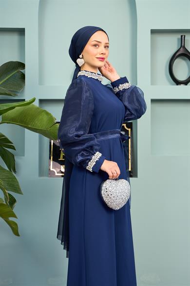 Waist Tie Stone Detailed Evening Dress - Navy Blue
