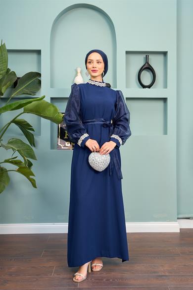 Waist Tie Stone Detailed Evening Dress - Navy Blue