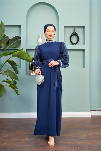 Waist Tie Stone Detailed Evening Dress - Navy Blue