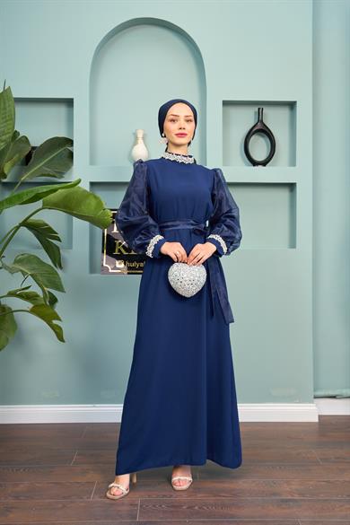 Waist Tie Stone Detailed Evening Dress - Navy Blue