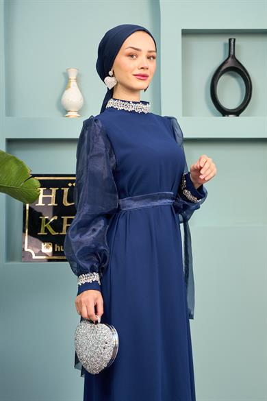 Waist Tie Stone Detailed Evening Dress - Navy Blue