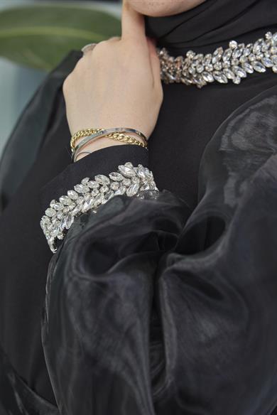 Waist Tie Stone Detailed Evening Dress - Black