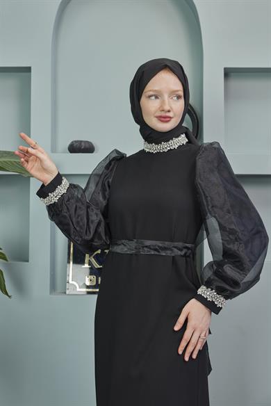 Waist Tie Stone Detailed Evening Dress - Black