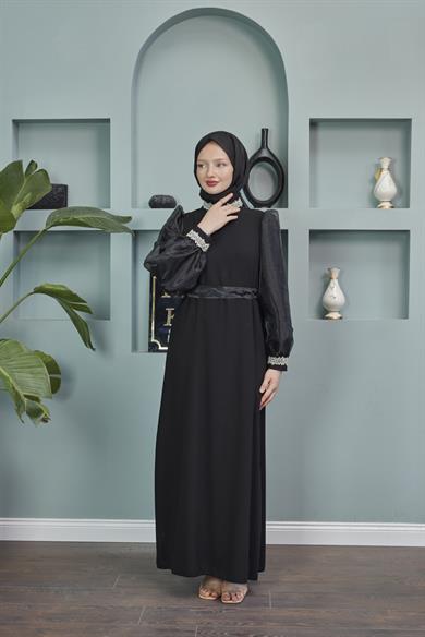 Waist Tie Stone Detailed Evening Dress - Black