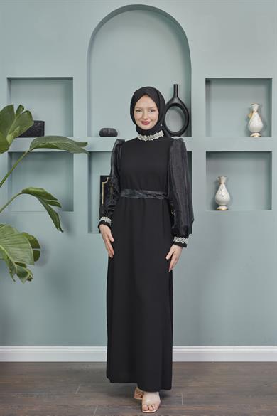 Waist Tie Stone Detailed Evening Dress - Black