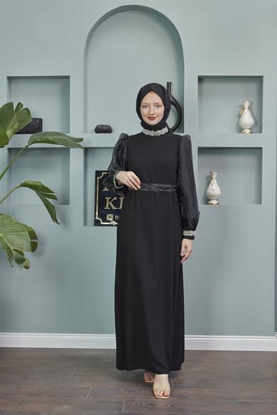 Waist Tie Stone Detailed Evening Dress - Black