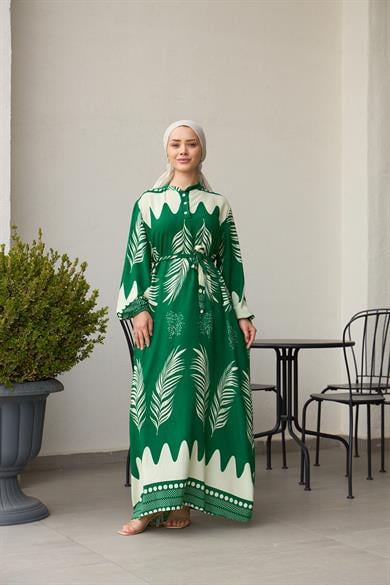 Waist Tied Collar Buttoned Viscose Dress - Green