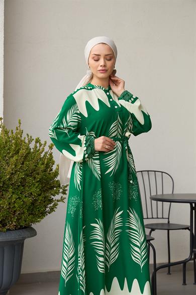 Waist Tied Collar Buttoned Viscose Dress - Green
