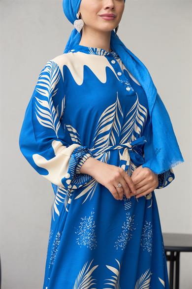 Waist Tied Collar Buttoned Viscose Dress - Indigo