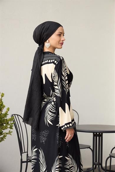 Waist Tied Collar Buttoned Viscose Dress - Black