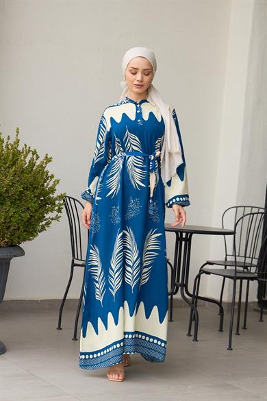 Waist Tied Collar Buttoned Viscose Dress - Blue