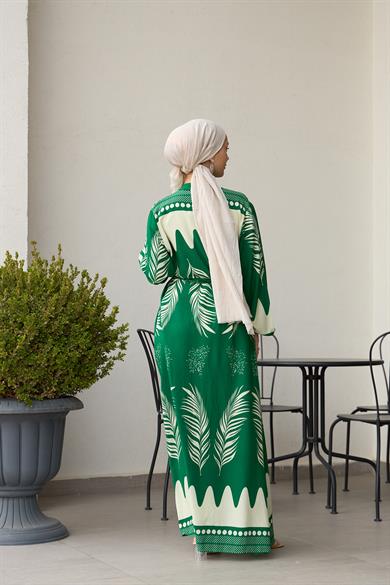 Waist Tied Collar Buttoned Viscose Dress - Green