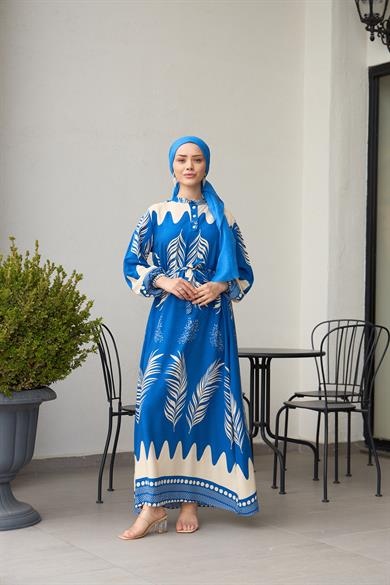 Waist Tied Collar Buttoned Viscose Dress - Indigo