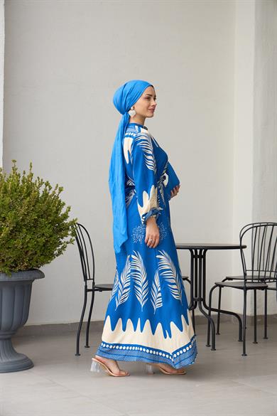 Waist Tied Collar Buttoned Viscose Dress - Indigo