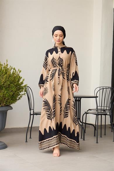 Waist Tied Collar Buttoned Viscose Dress - Mink