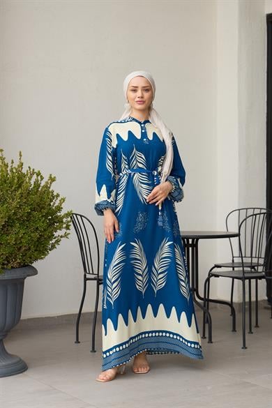 Waist Tied Collar Buttoned Viscose Dress - Blue