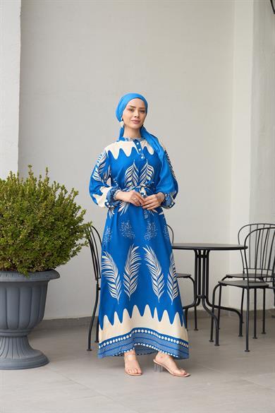 Waist Tied Collar Buttoned Viscose Dress - Indigo