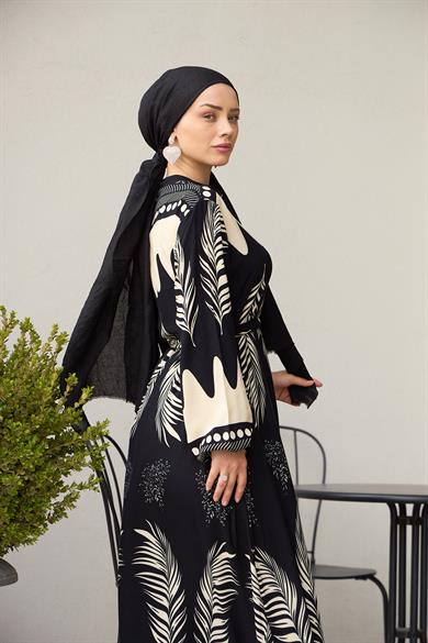 Waist Tied Collar Buttoned Viscose Dress - Black