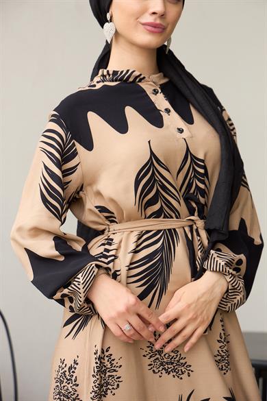 Waist Tied Collar Buttoned Viscose Dress - Mink