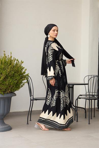 Waist Tied Collar Buttoned Viscose Dress - Black