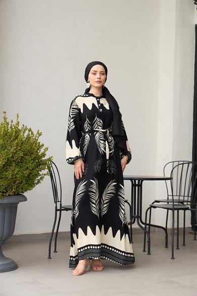 Waist Tied Collar Buttoned Viscose Dress - Black