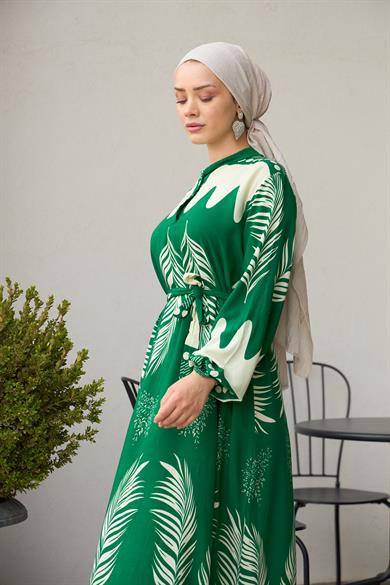 Waist Tied Collar Buttoned Viscose Dress - Green