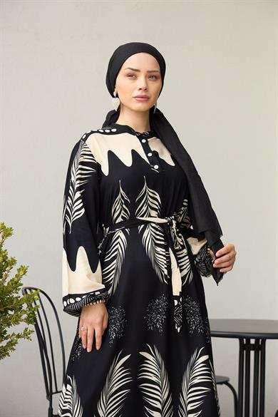 Waist Tied Collar Buttoned Viscose Dress - Black