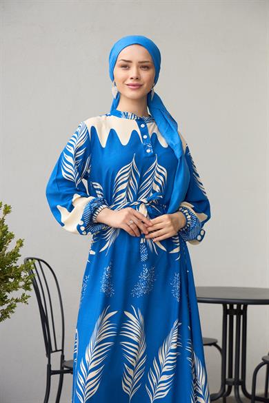 Waist Tied Collar Buttoned Viscose Dress - Indigo