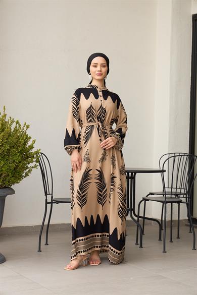 Waist Tied Collar Buttoned Viscose Dress - Mink