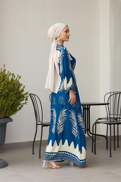 Waist Tied Collar Buttoned Viscose Dress - Blue