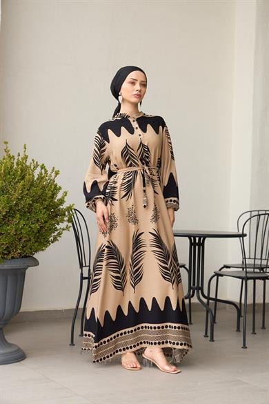 Waist Tied Collar Buttoned Viscose Dress - Mink