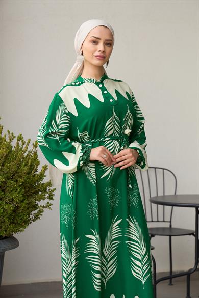 Waist Tied Collar Buttoned Viscose Dress - Green