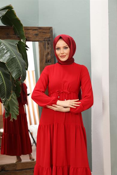 Bel Detay Elbise - Kırmızı